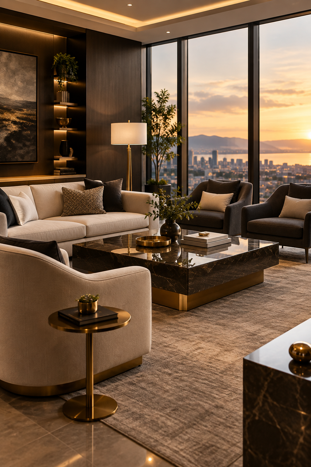 Refined hospitality lounge with warm lighting, elegant seating, and premium travel ambiance