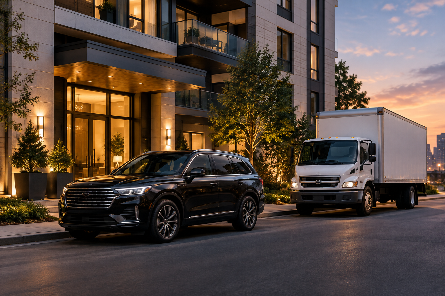 Polished nighttime photo of a luxury apartment entrance with a premium SUV and a moving truck parked nearby