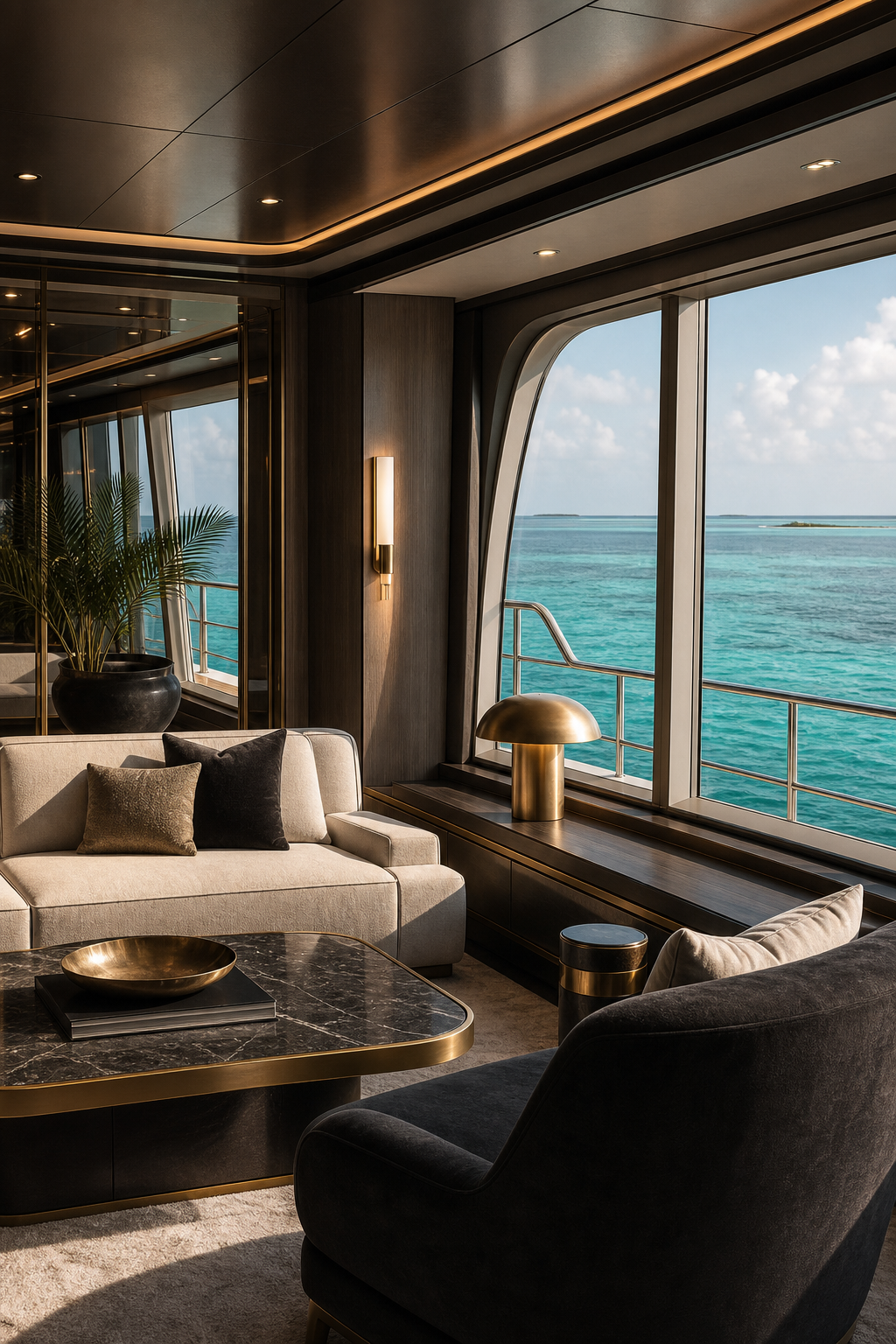 Elegant superyacht lounge detail with ocean view near the Great Barrier Reef