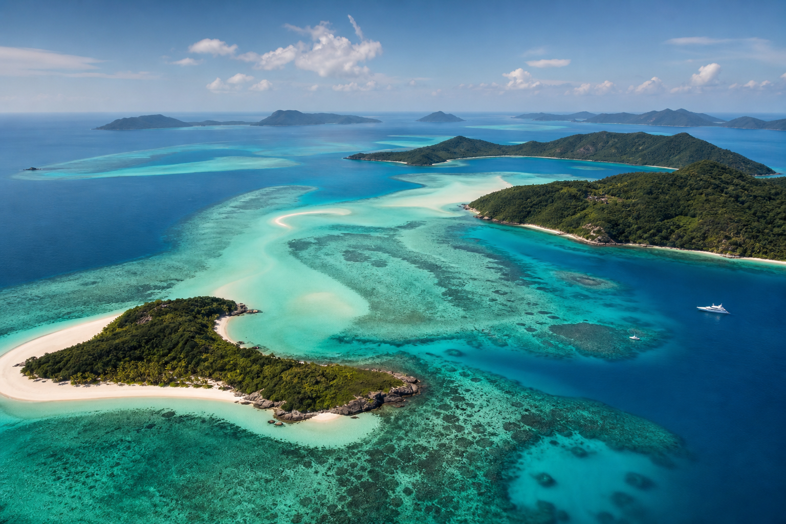 Aerial panorama of reef islands with turquoise channels and white sand arcs