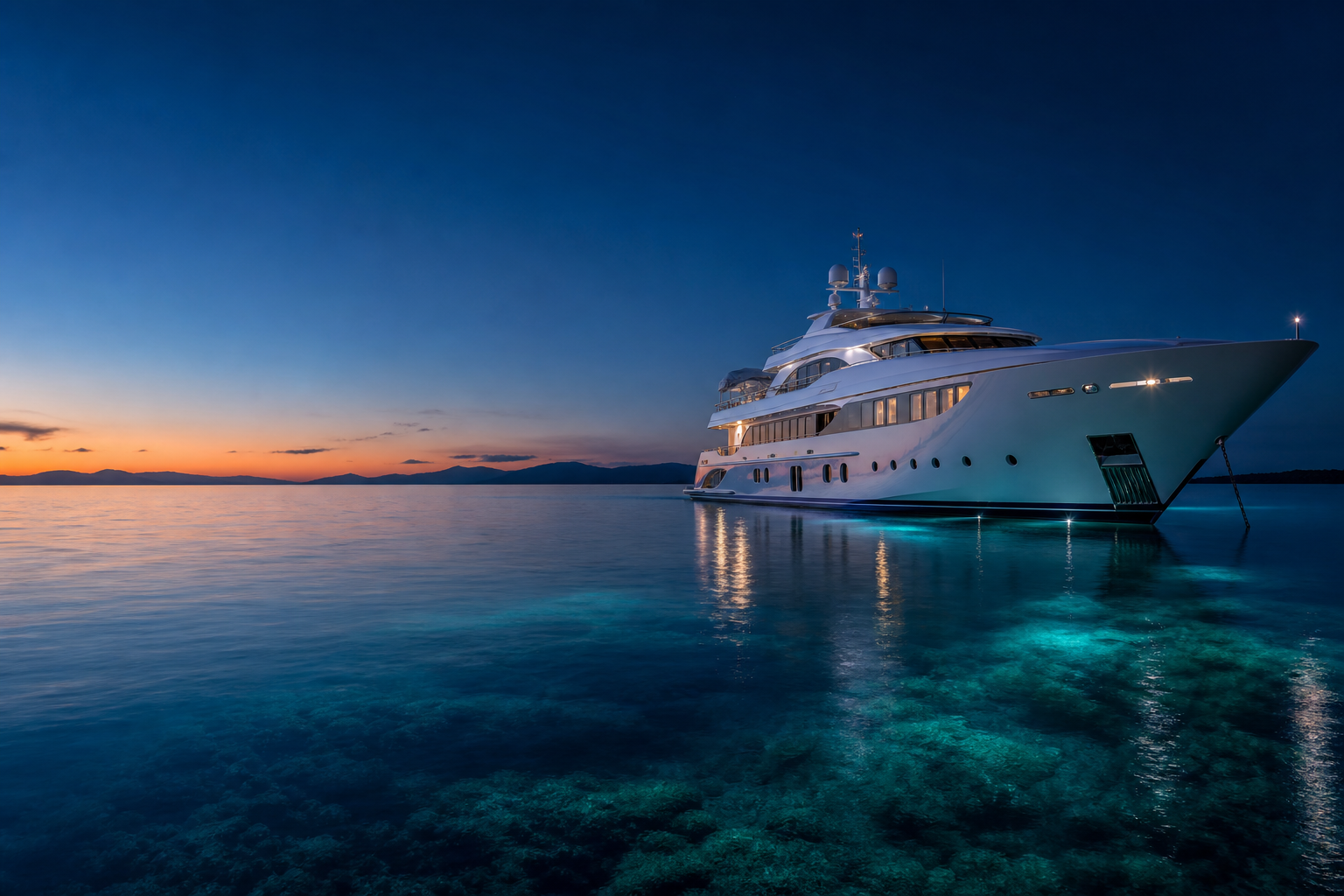Cinematic twilight view of a luxury superyacht anchored over calm Great Barrier Reef waters, with soft horizon glow and refined premium atmosphere