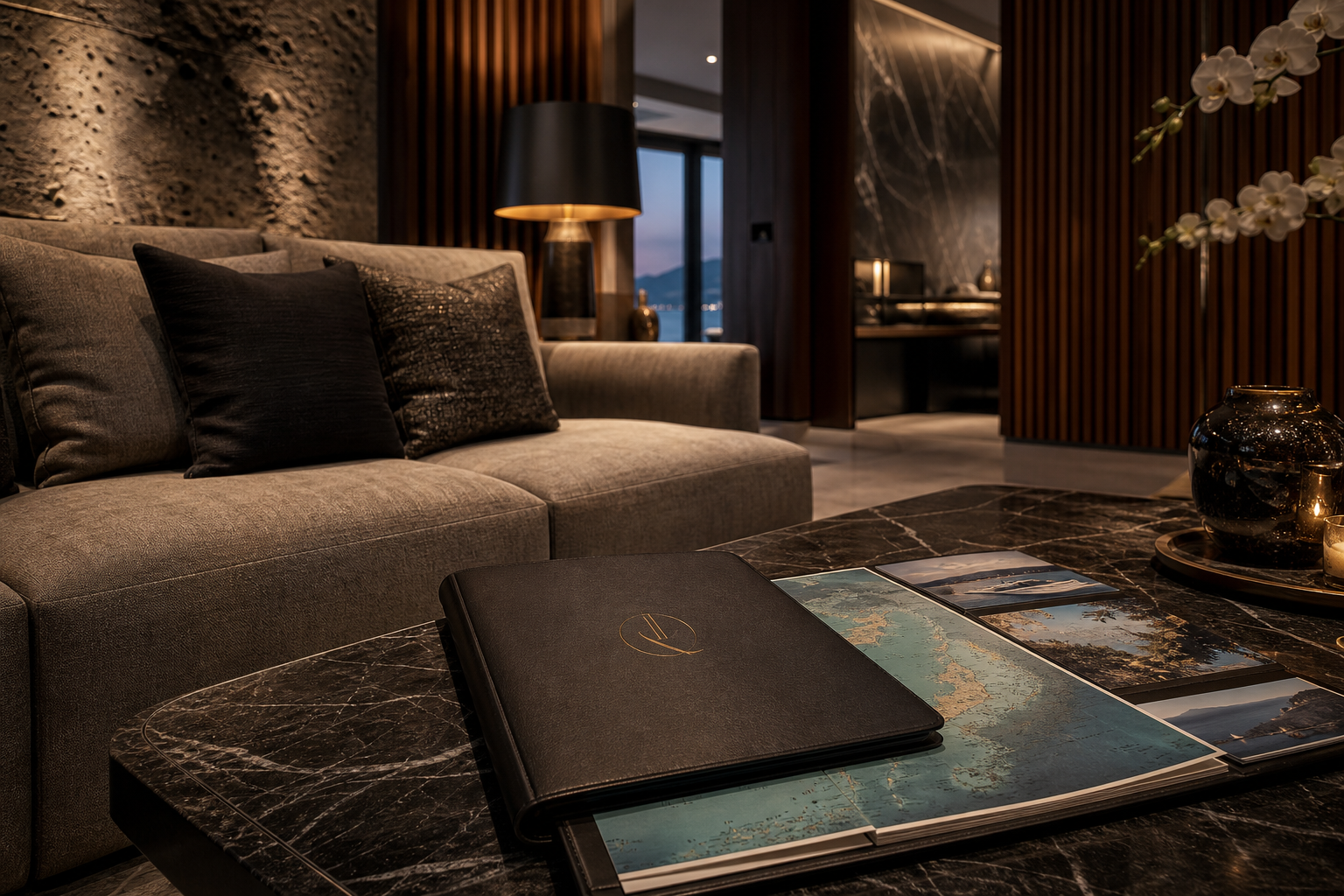 Quiet luxury lounge with itinerary briefing materials, textured furnishings, and soft ambient light