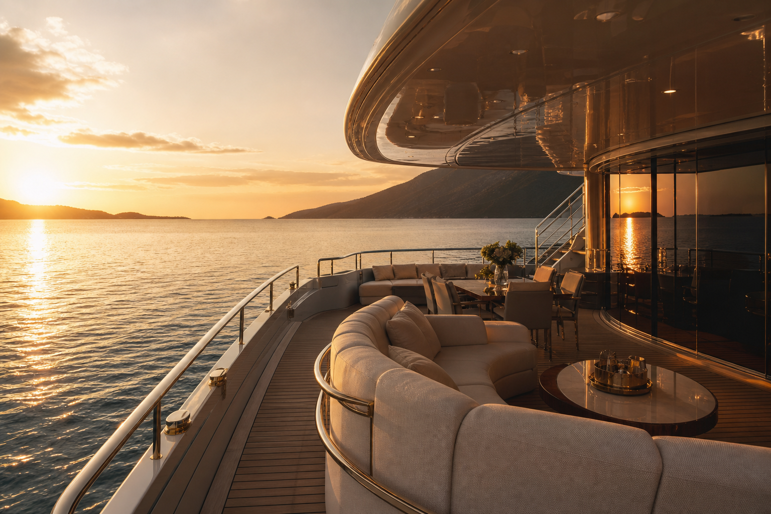 Private reef charter deck at golden hour with warm light across polished timber and calm sea