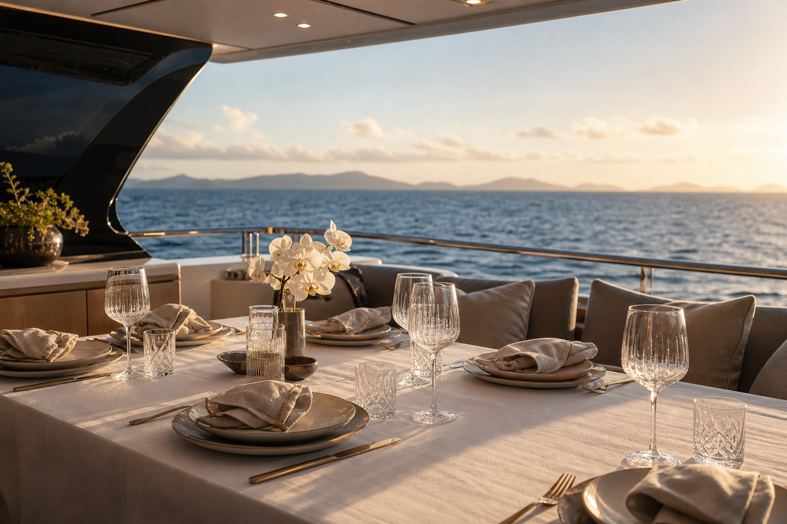 Refined yacht dining table with crisp linen, crystal glassware, and ocean backdrop