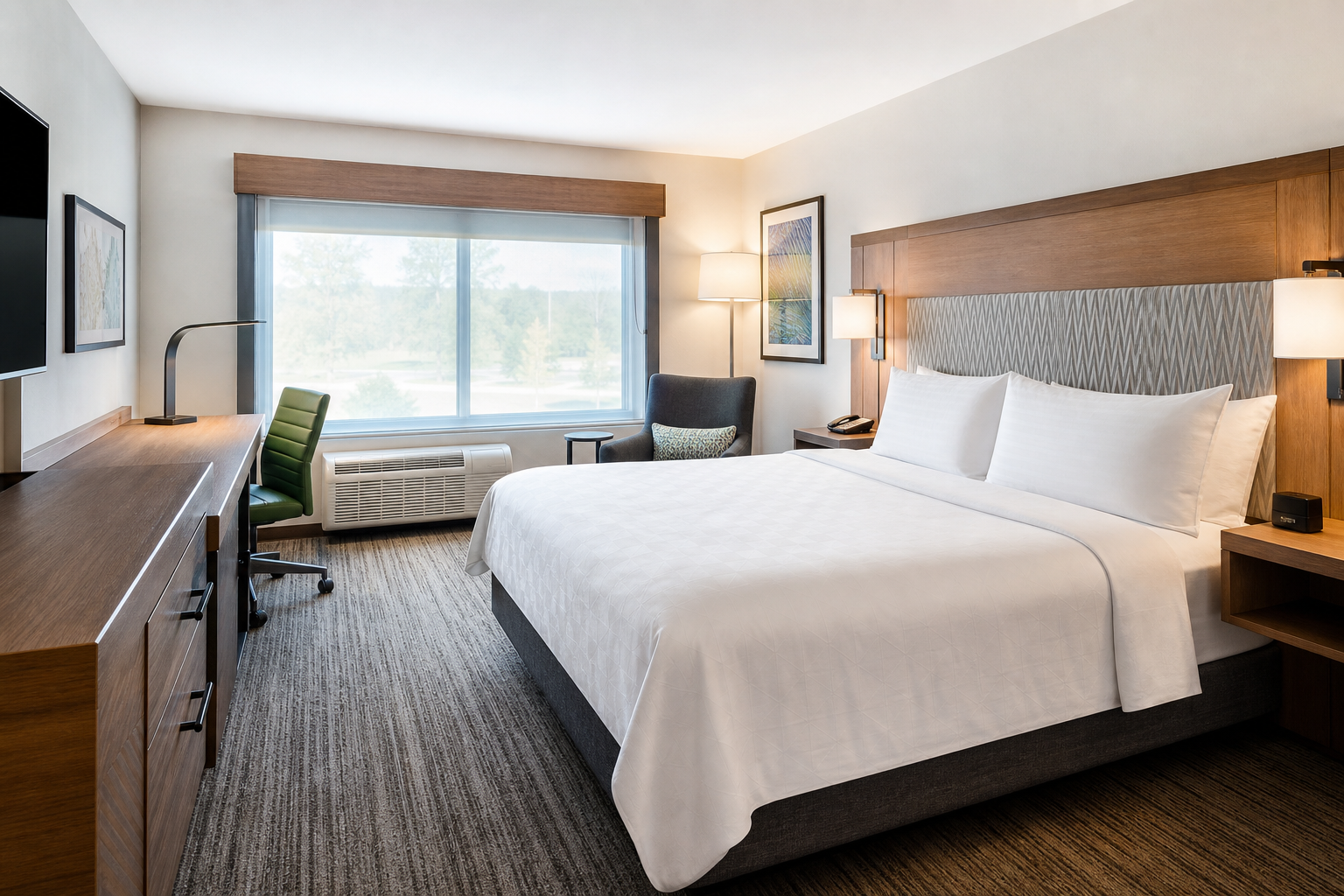 Bright, clean hotel guest room with neatly made bed, warm lighting, and a welcoming modern interior
