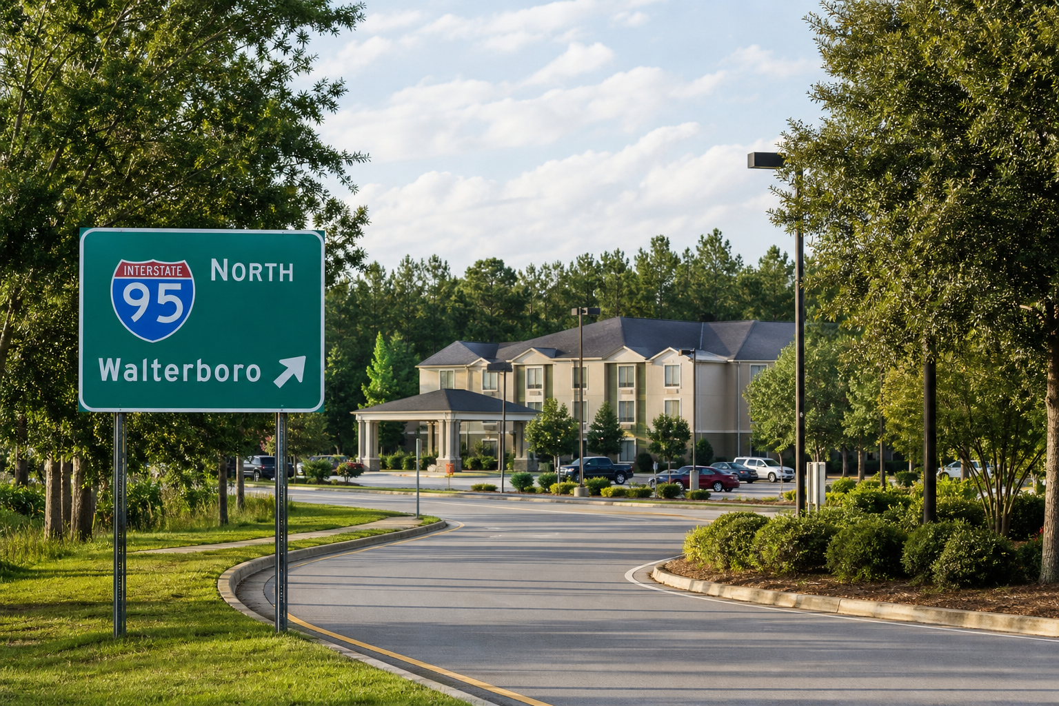 Walterboro arrival view near Interstate 95 with directional road signage and welcoming hotel travel context