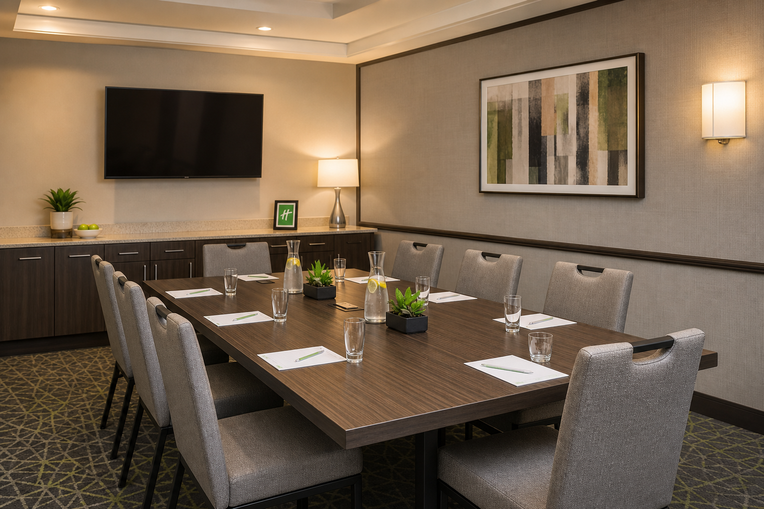Clean small hotel meeting room setup with a conference table, neatly arranged chairs, notepads, and welcoming warm lighting