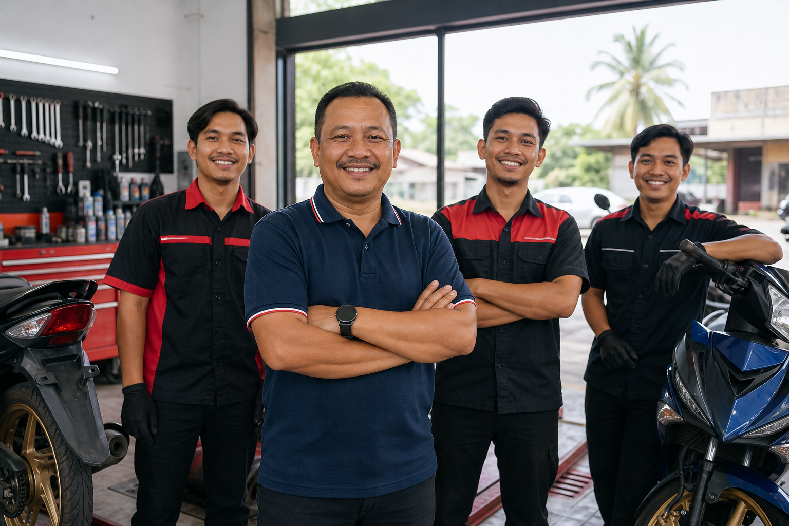 Pemilik dan pasukan bengkel motosikal tempatan menyambut pelanggan di ruang kerja yang kemas