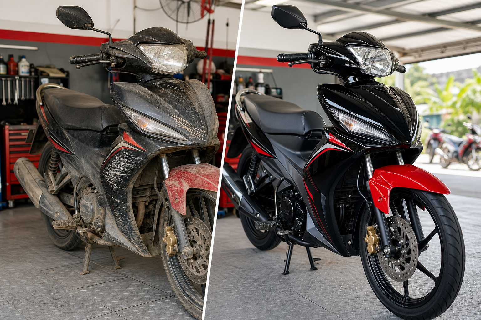 Perbandingan sebelum dan selepas pembaikan motosikal dengan panel kiri rosak dan panel kanan pulih
