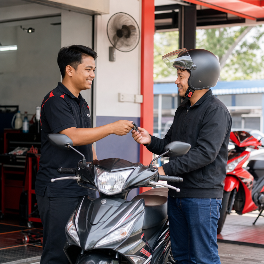 Pelanggan menerima motosikal siap servis daripada staf bengkel di kawasan serahan