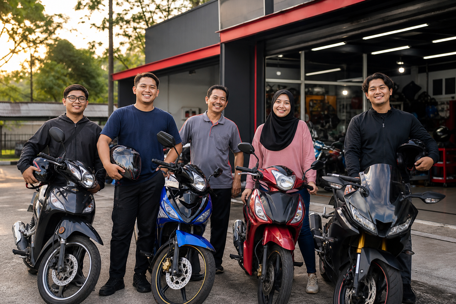 Kumpulan pelanggan tersenyum di hadapan bengkel selepas mengambil motosikal
