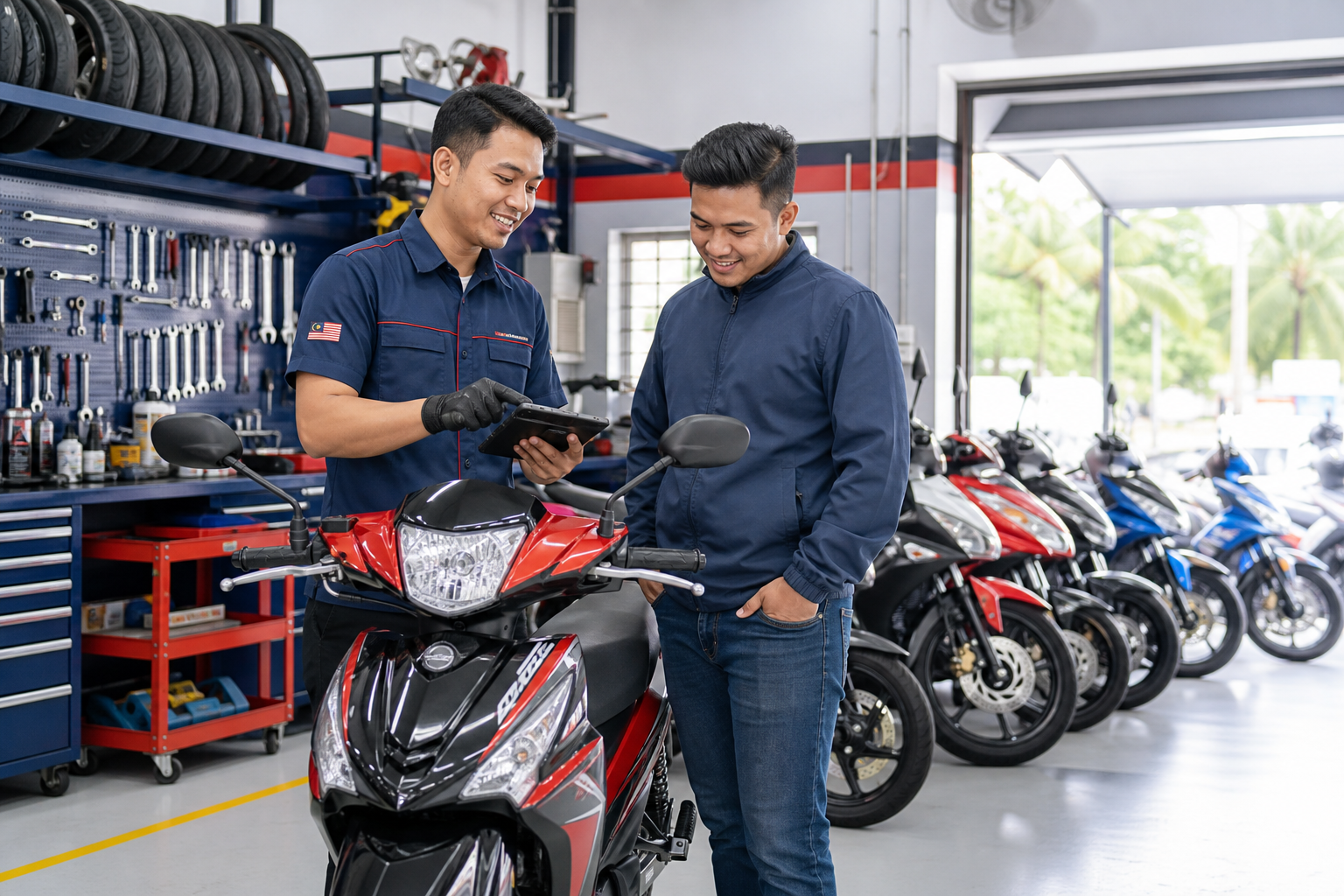 Bright and clean Malaysian motorcycle workshop in Rengit with a friendly mechanic assisting a customer, new motorcycles on display, organized tools, and welcoming professional lighting