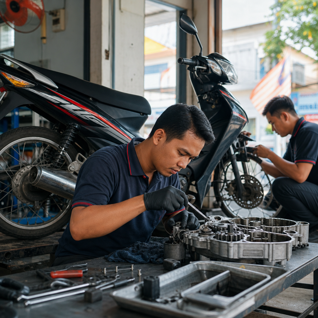 Dua mekanik sedang melakukan servis enjin motosikal di stesen kerja moden