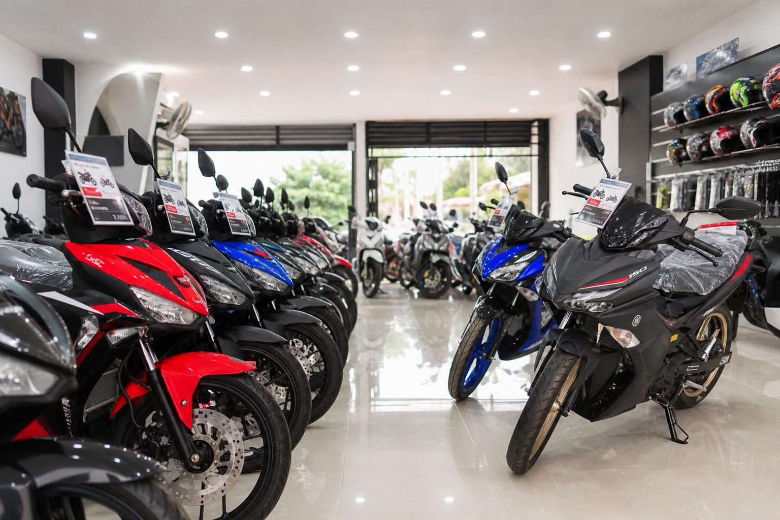 Ruang pameran motosikal baru dan terpakai yang terang dengan barisan model tersusun