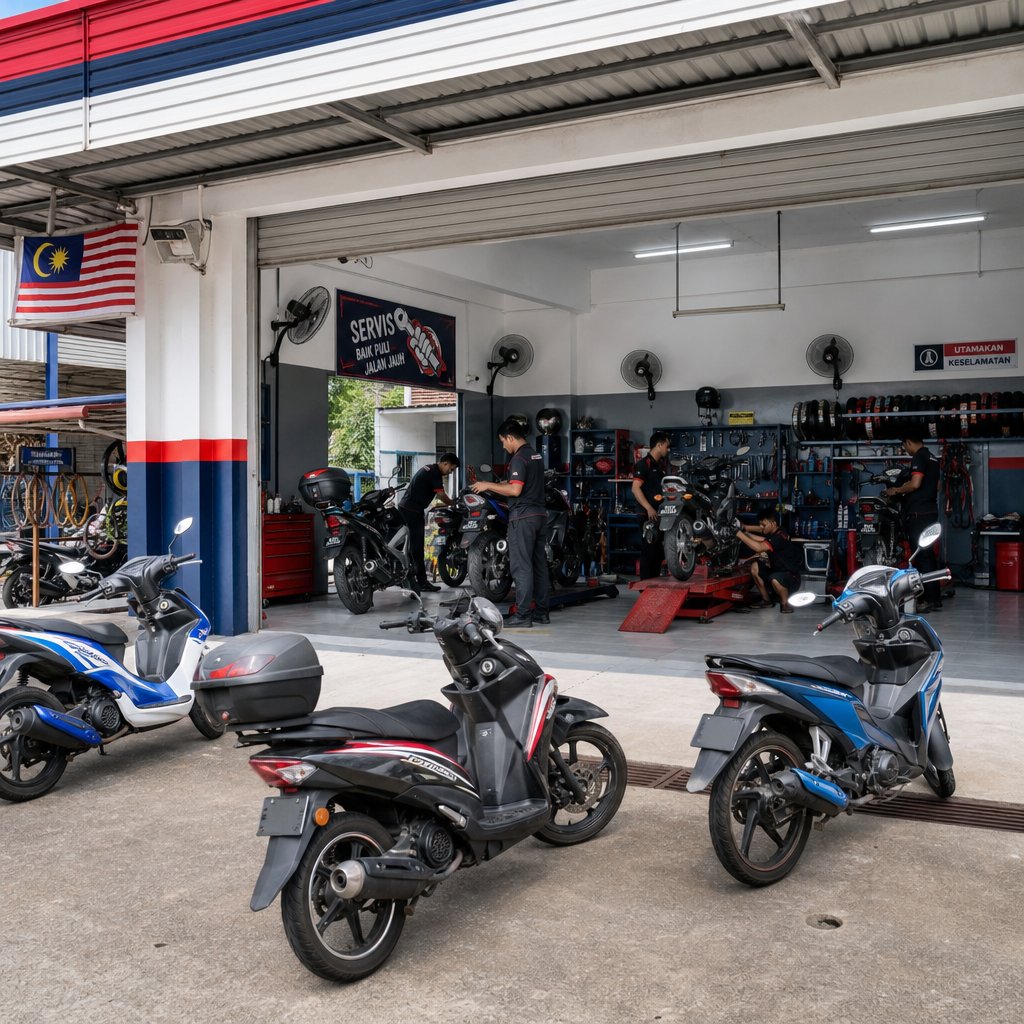 Pandangan luas bengkel motosikal yang bersih dan tersusun dengan beberapa motor di ruang servis