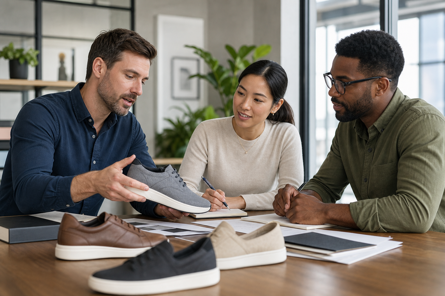 Professional Foot Quarters team members reviewing product samples in a modern office