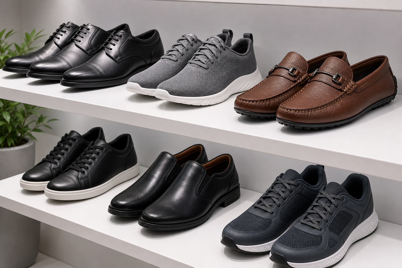 Modern corporate footwear product lineup displayed on clean shelving with neutral tones and professional lighting