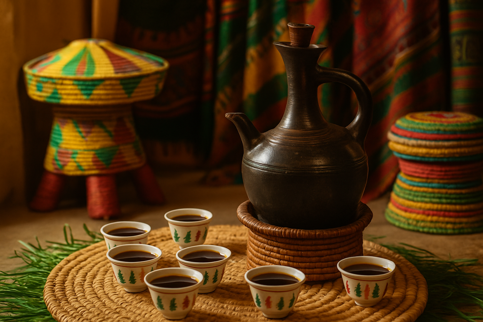 Traditional Ethiopian coffee ceremony with jebena pot and colorful woven stools
