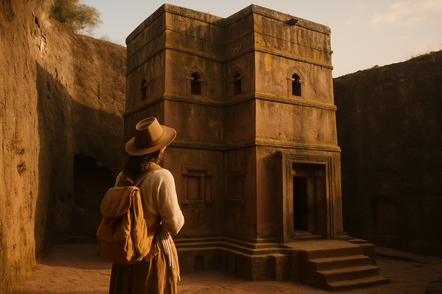 Traveler at ancient church in Lalibela, Ethiopia