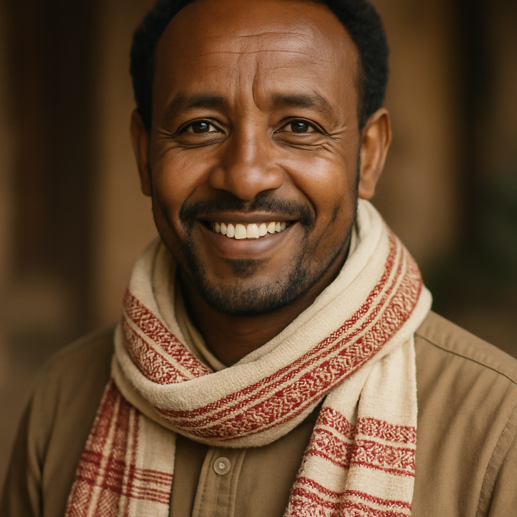 Smiling Ethiopian tour guide with a woven scarf