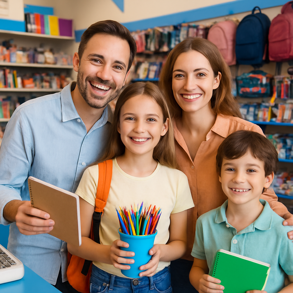 Familia sonriente comprando útiles escolares en una tienda de papelería, ambiente acogedor, colores vivos y detalles en azul, atmósfera confiable y cercana, fotografía natural