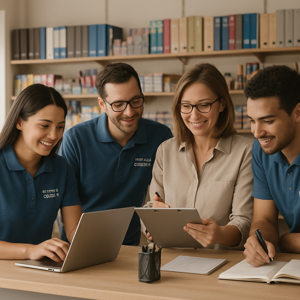 Equipo de Productos Panamá Menos trabajando en una tienda de papelería, ambiente cálido y profesional, tonos neutros y acentos azules, iluminación suave y natural, estilo fotográfico realista