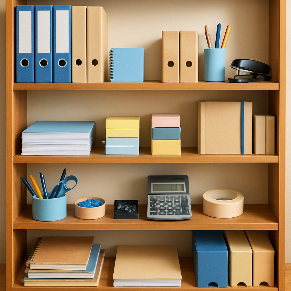 Estante con gran variedad de productos de oficina y papelería organizados, fondo claro, tonos cálidos y azules, iluminación profesional, estilo realista