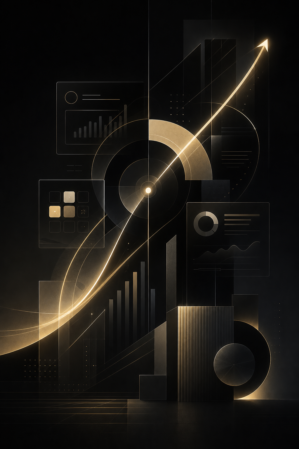 Abstract premium digital composition with glowing geometric layers, interface-like panels, directional lines, and upward visual flow suggesting momentum, visibility, strategy, and growth