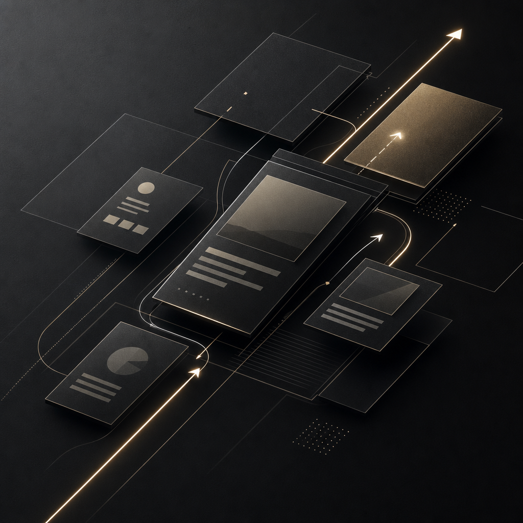 Abstract premium strategy illustration with geometric pathways, layered content blocks, and directional flow accents suggesting structure and momentum