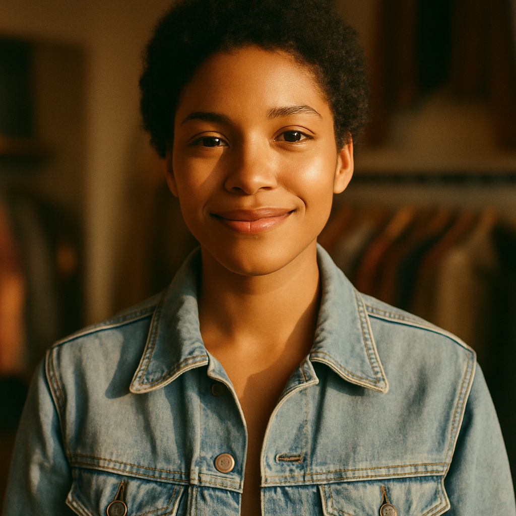 Portrait of Leila Carter, a stylish woman with warm brown skin and short curly hair wearing a vintage denim jacket