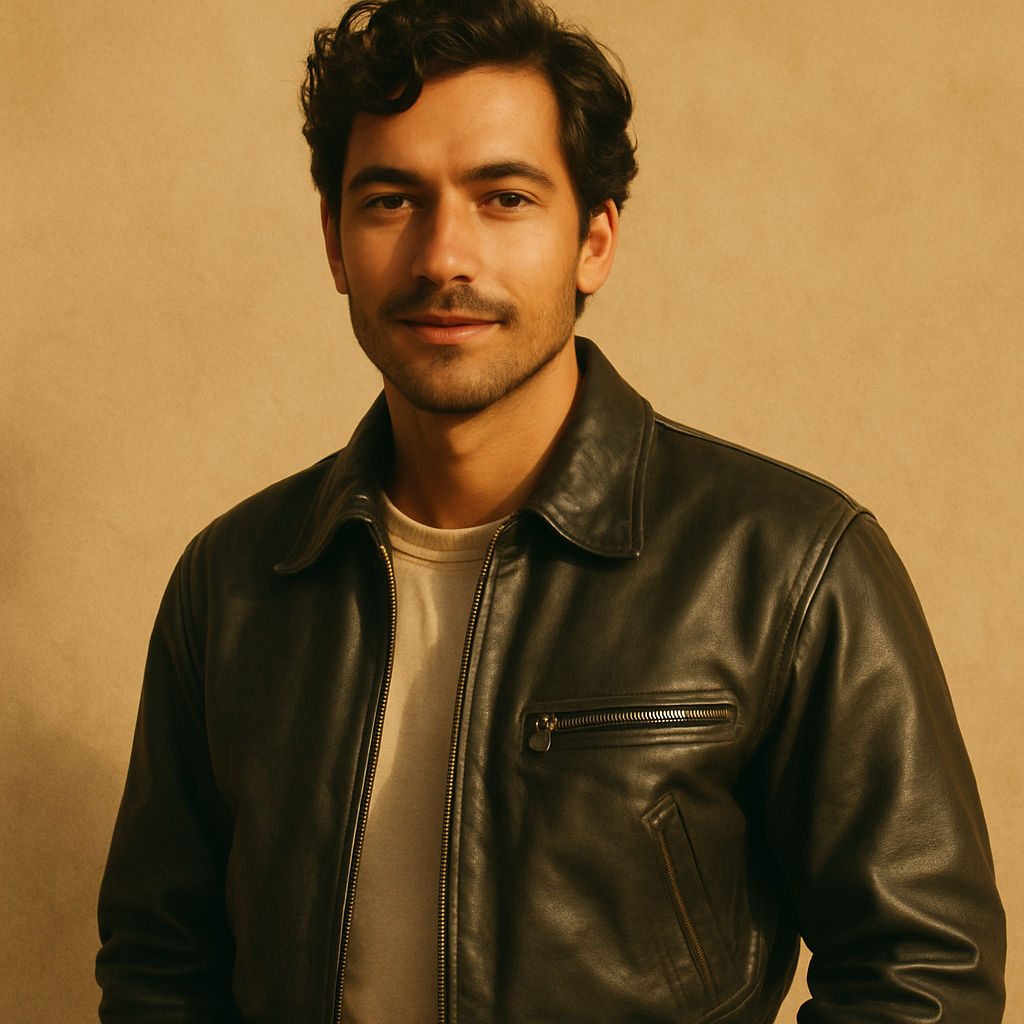 Portrait of Mateo Ruiz, a man with medium tan skin, dark wavy hair, and a vintage leather jacket