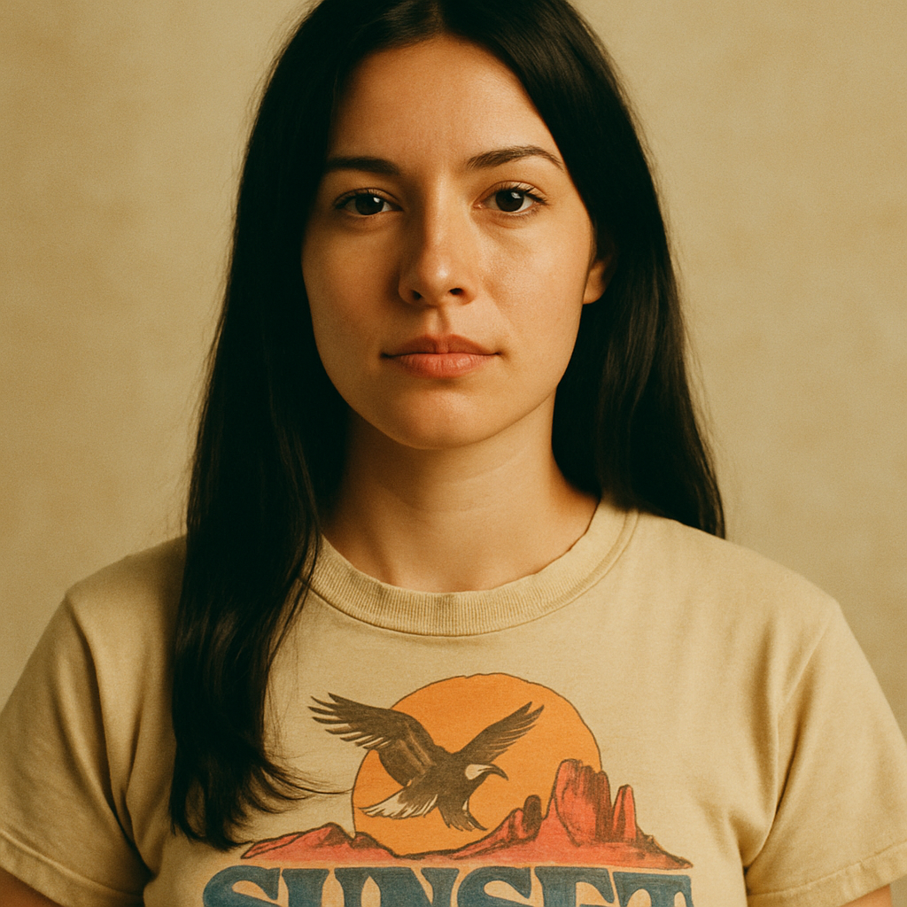 Portrait of Riley Nguyen, a woman with light olive skin, long straight black hair, and a faded graphic tee