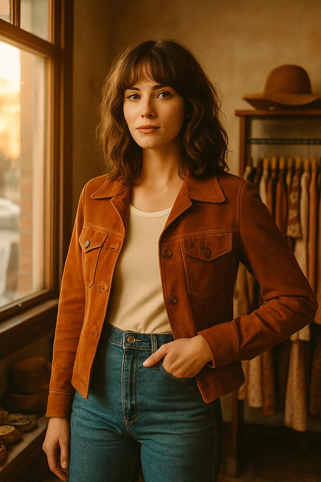 Woman in a rust 1970s suede jacket and high-waisted denim, photographed in warm golden-hour light inside a vintage boutique