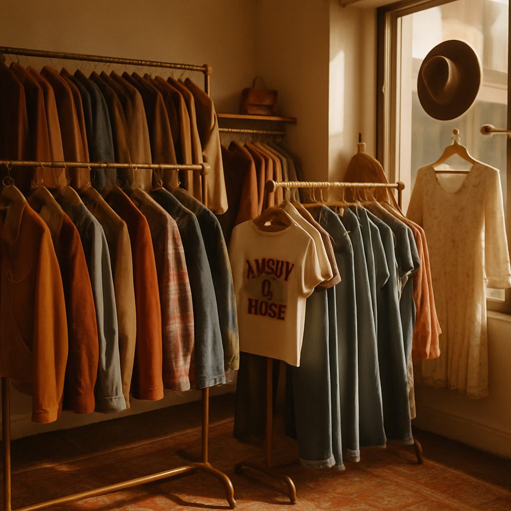 warm boutique interior with 70s and 80s jackets and denim on wooden racks, soft golden-hour light