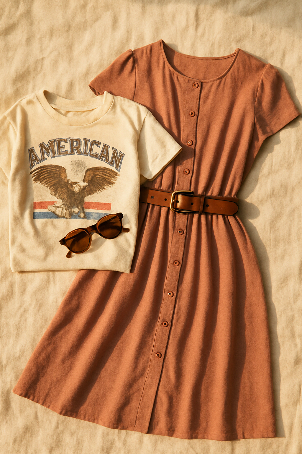 Retro boutique flat-lay featuring a muted rose 1980s midi dress, graphic tee, and leather accessories on a cream linen surface