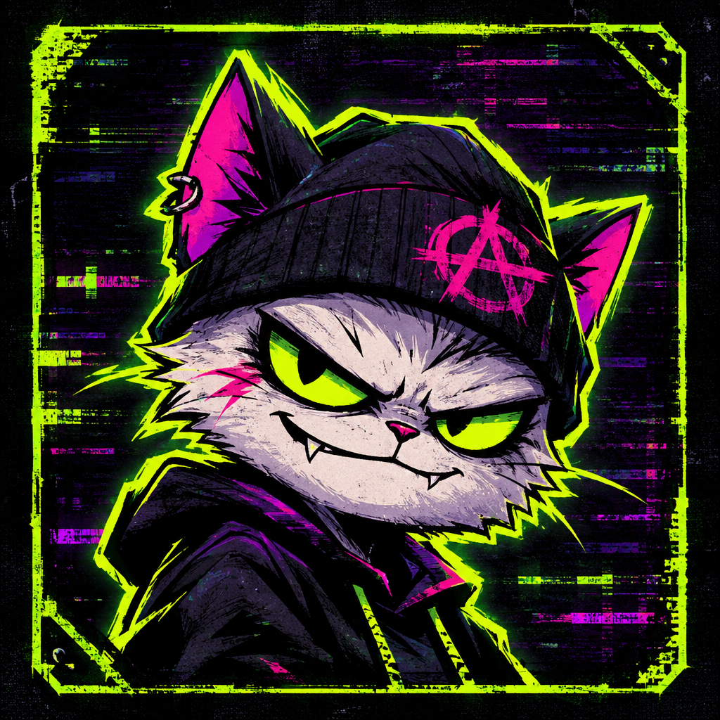 Small rebellious Anti cat character avatar with neon warning style