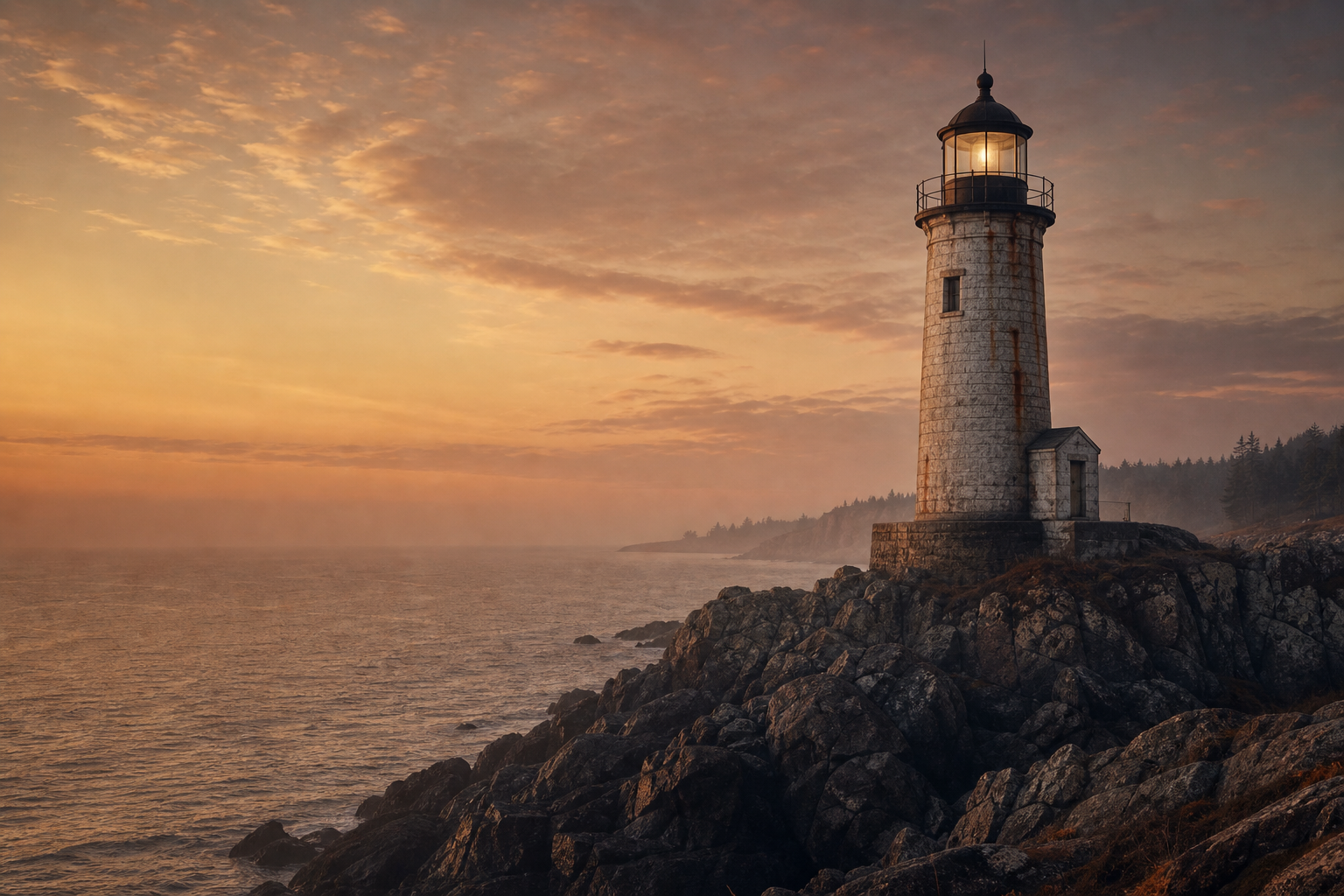 Warm archival film-style scene of a solitary northern-coast lighthouse with weathered stone, sea haze, and muted sunset light