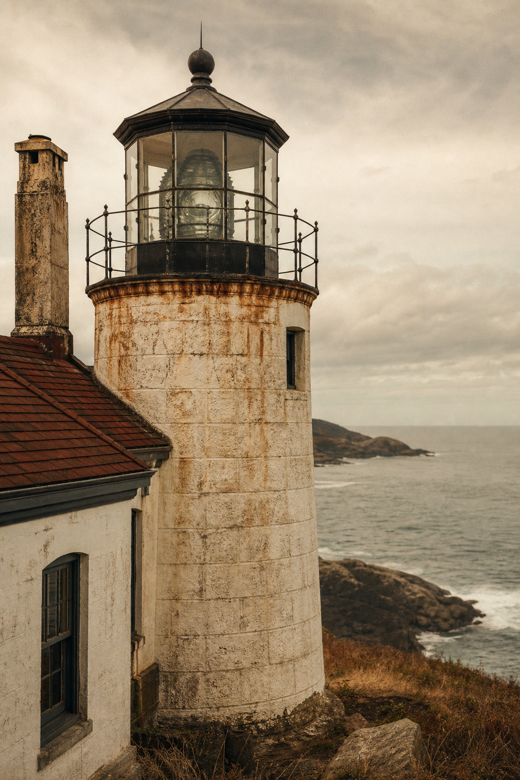 Warm archival photograph of a northern coastal lighthouse exterior with weathered stone and lantern details