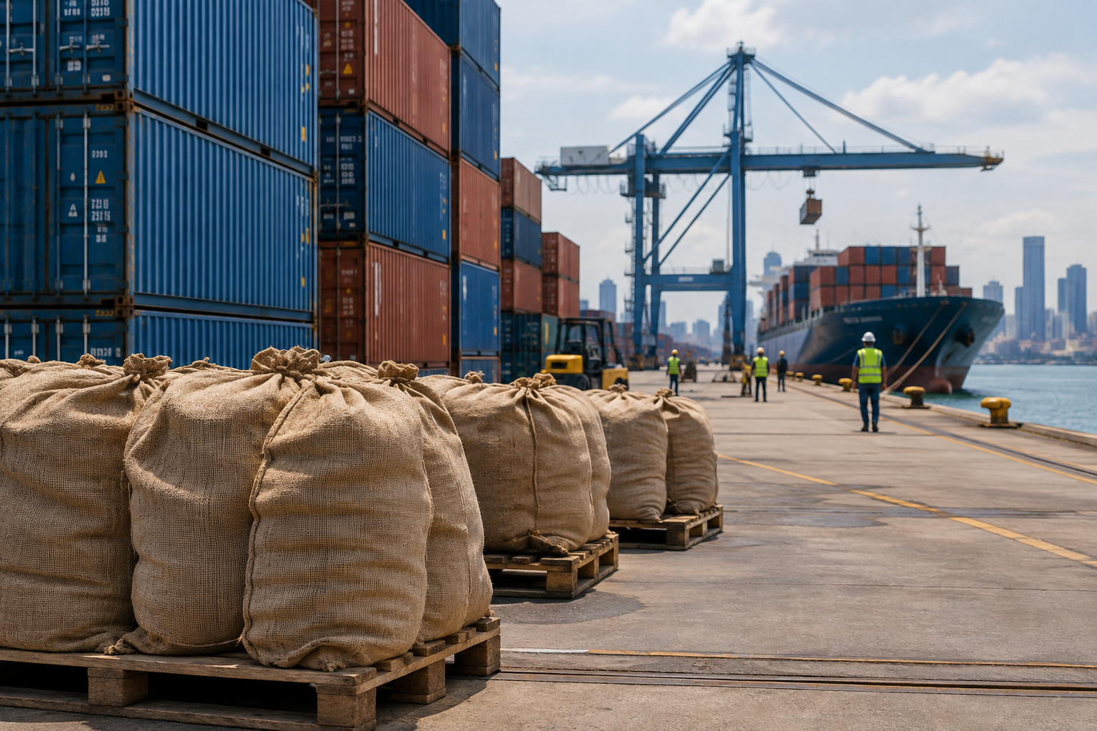 Cargo containers and bulk commodity sacks staged at a U.S. port terminal during daytime operations
