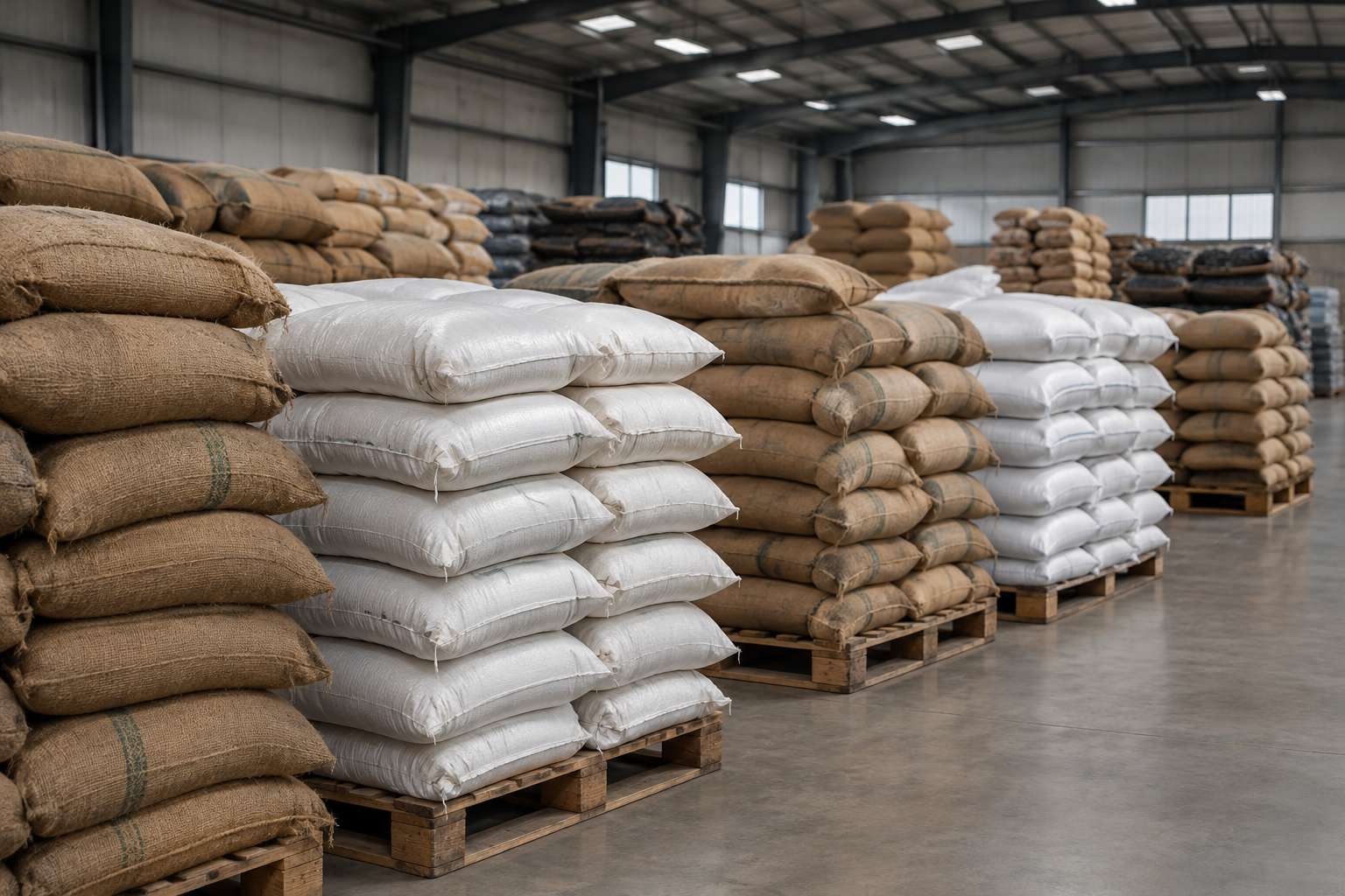 Stacked bulk agricultural sacks on pallets inside an export-ready warehouse