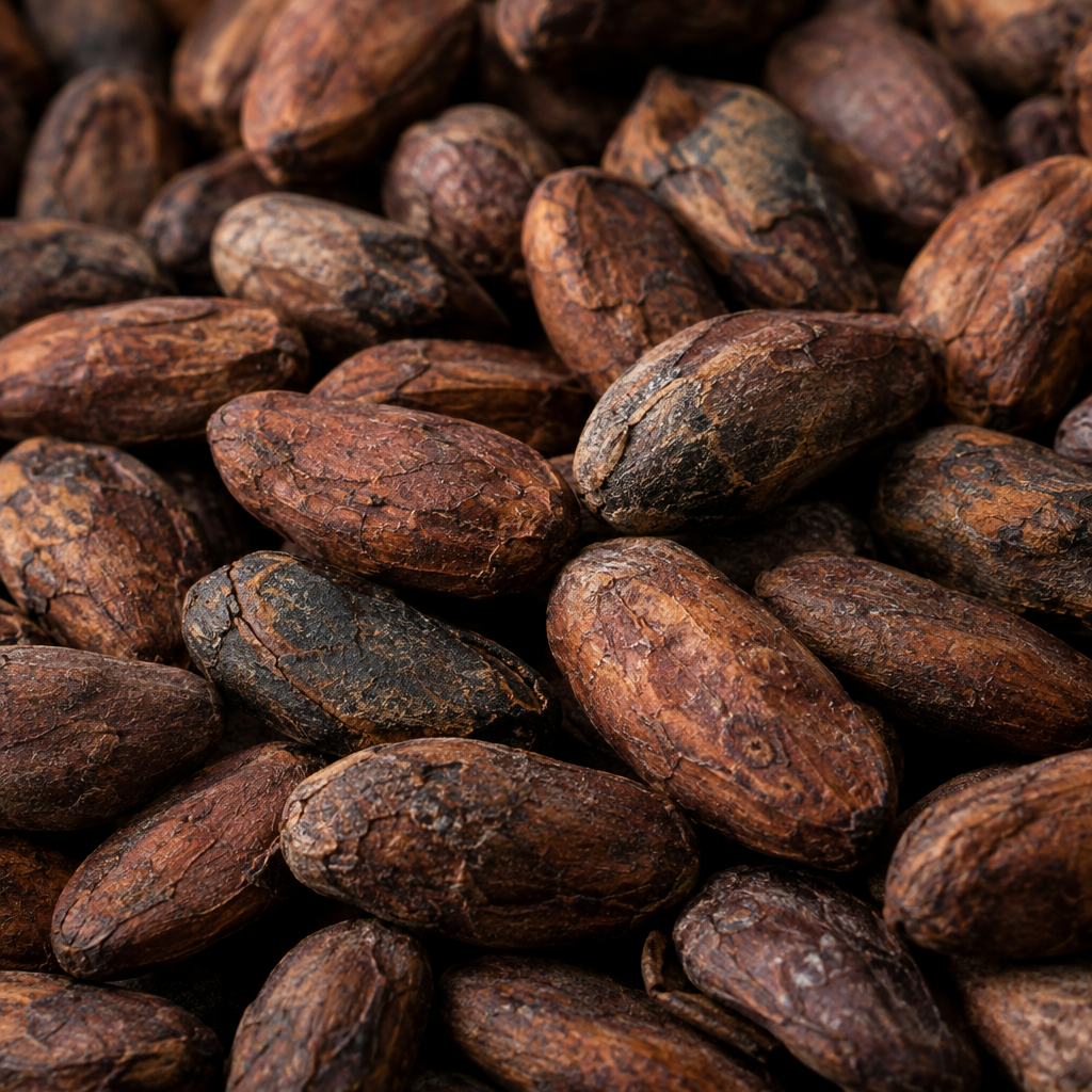 Close-up texture of brown dried cocoa beans showing size and surface variation