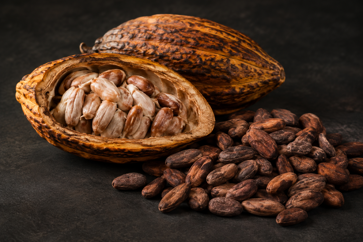 Open cocoa pod with fermented and dried cocoa beans arranged in an editorial commodity still-life