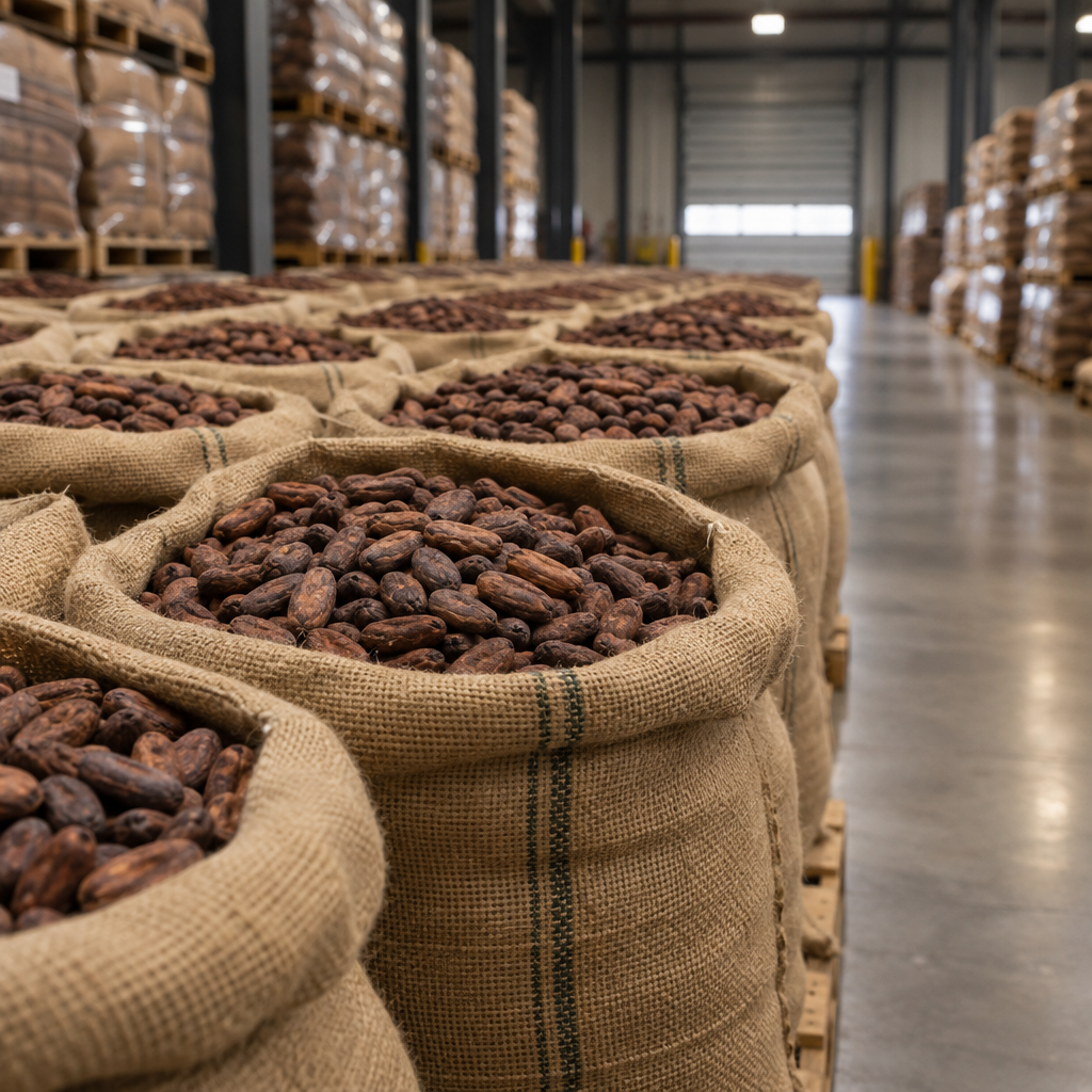 Natural jute sacks filled with dried cocoa beans in a clean warehouse aisle