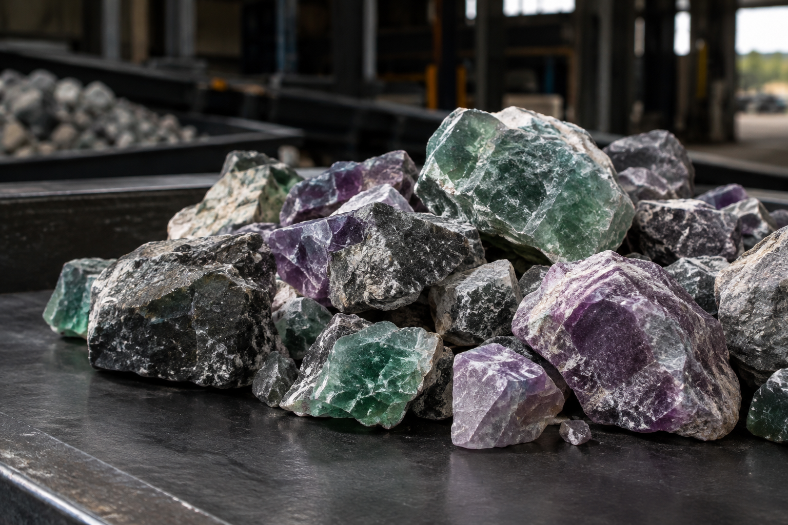 Editorial close view of rough fluorspar and fluorite ore pieces on an industrial sorting surface