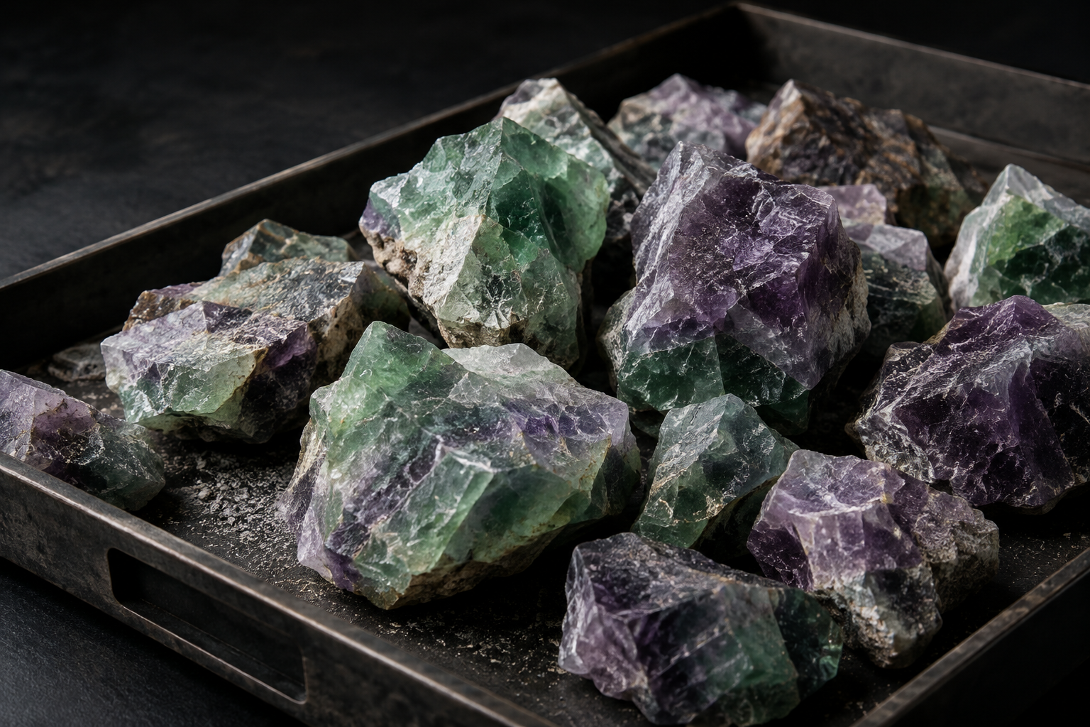 Close editorial view of rough fluorspar ore pieces in mixed green and violet tones on an industrial sampling tray