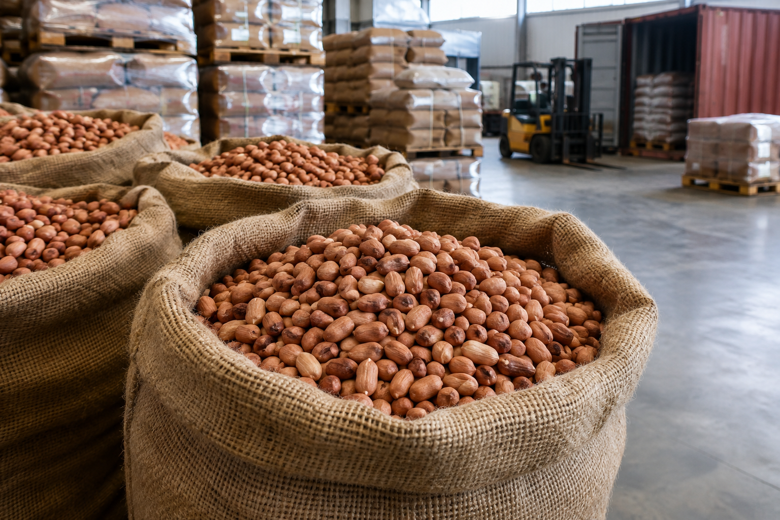 Raw shelled groundnuts in open jute sacks at a commodity warehouse loading area with pallets and freight preparation in view