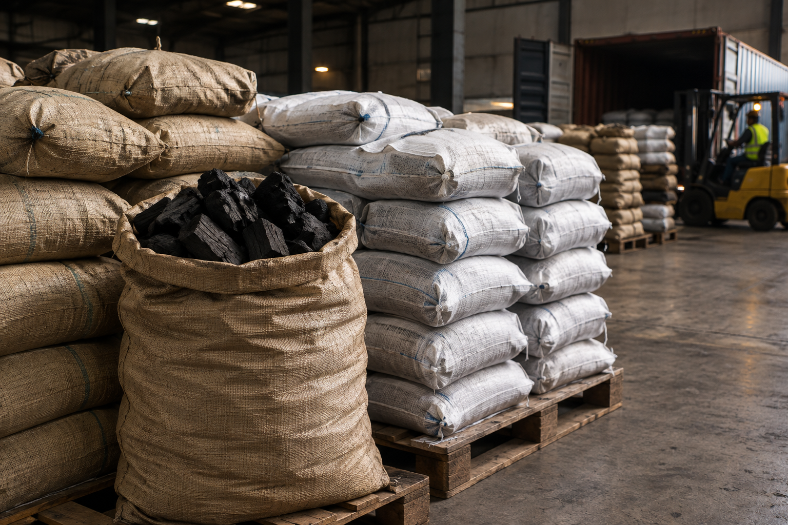 Bulk hardwood charcoal packed in woven sacks on wooden pallets in a warehouse loading zone