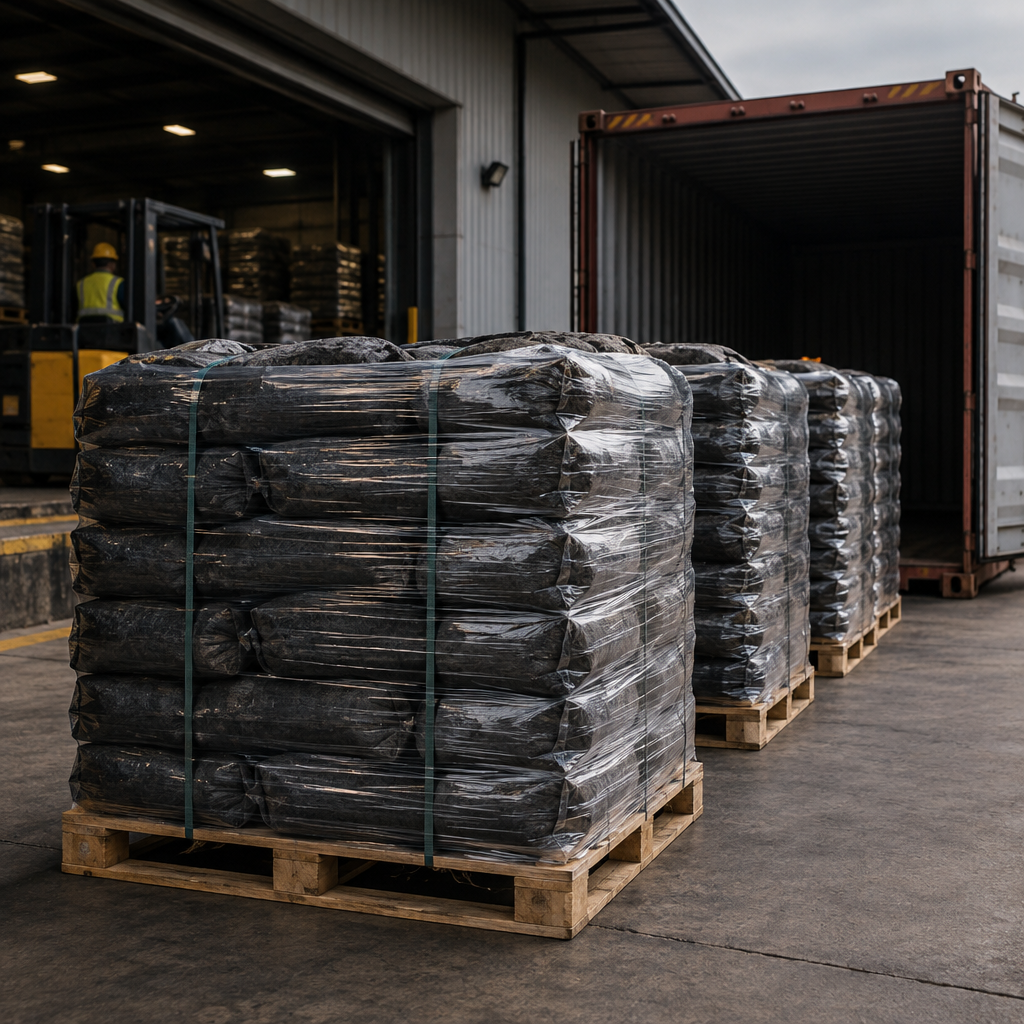 Wrapped palletized charcoal sacks staged for container loading at a freight facility