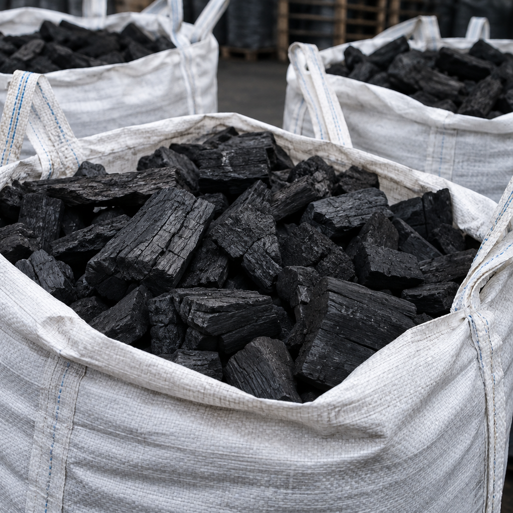 Close-up of industrial-grade hardwood charcoal pieces inside large white woven export sacks
