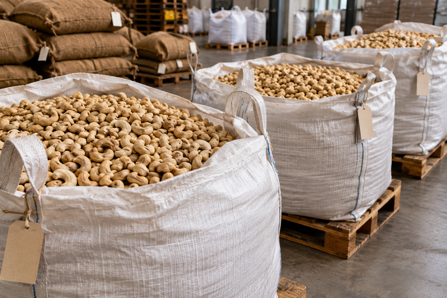 Raw cashew nuts in open bulk sacks inside a clean export warehouse, photographed in an editorial B2B trade style